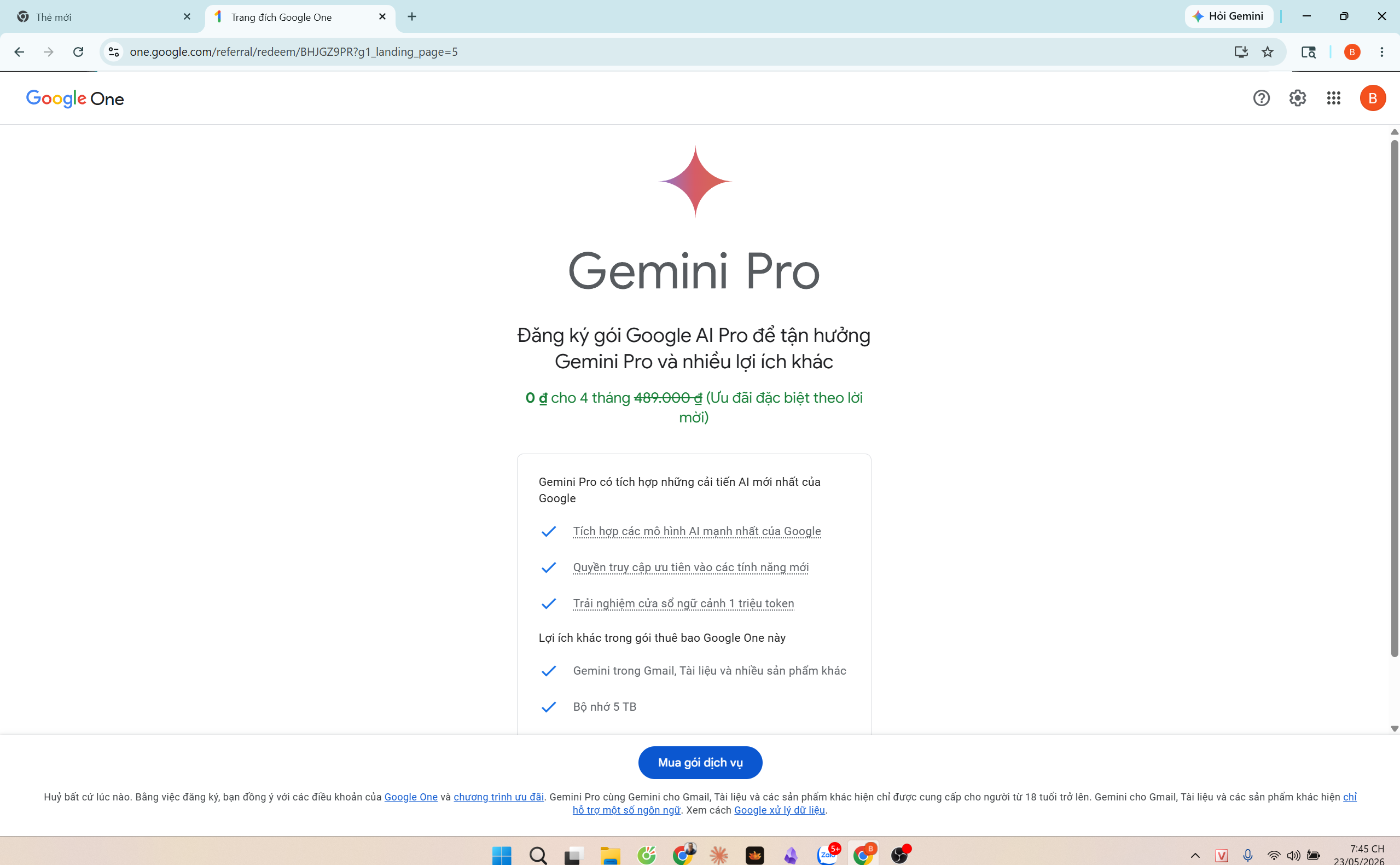 Trang Google One — 0đ cho 4 tháng Gemini Pro